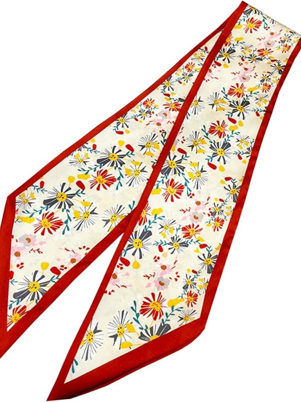 Women's kelsang Flower Red Border Scarves Long Skinny Silky Hair Bags Scarf